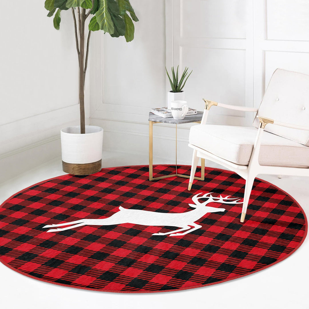 Xmas Round Rug|Winter Trend Carpet|Circle Non-Slip Rug|Pine Tree Carpet|Checkered Xmas Rug|Deer Home Decor|Merry Xmas Print Plaid Floor Mat