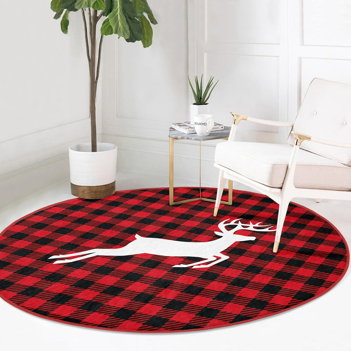Xmas Round Rug|Winter Trend Carpet|Circle Non-Slip Rug|Pine Tree Carpet|Checkered Xmas Rug|Deer Home Decor|Merry Xmas Print Plaid Floor Mat