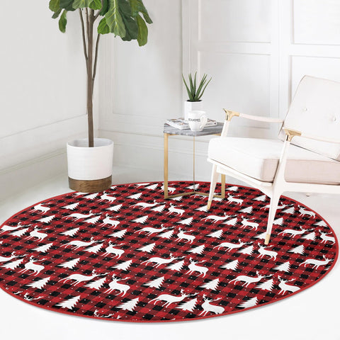 Xmas Round Rug|Winter Trend Carpet|Circle Non-Slip Rug|Pine Tree Carpet|Checkered Xmas Rug|Deer Home Decor|Merry Xmas Print Plaid Floor Mat