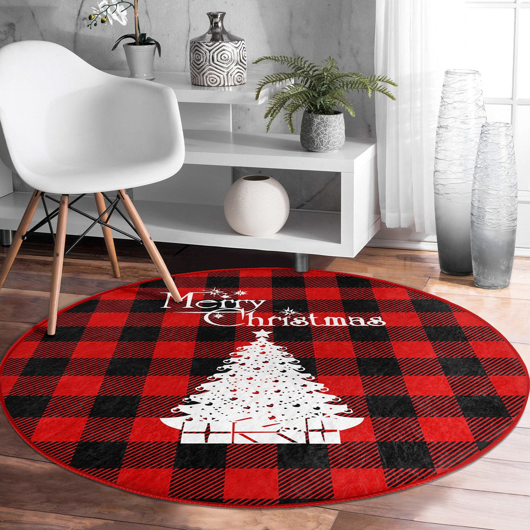 Xmas Round Rug|Winter Trend Carpet|Circle Non-Slip Rug|Pine Tree Carpet|Checkered Xmas Rug|Deer Home Decor|Merry Xmas Print Plaid Floor Mat