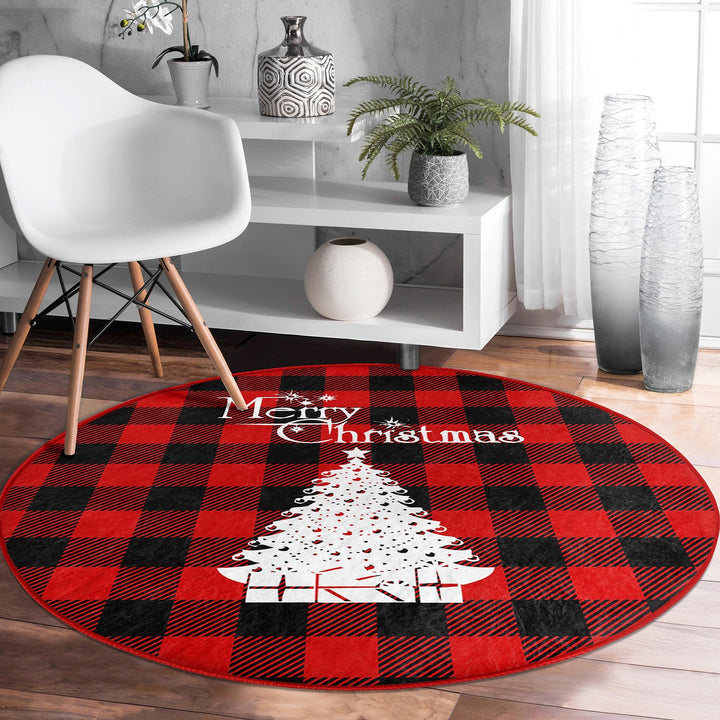 Xmas Round Rug|Winter Trend Carpet|Circle Non-Slip Rug|Pine Tree Carpet|Checkered Xmas Rug|Deer Home Decor|Merry Xmas Print Plaid Floor Mat