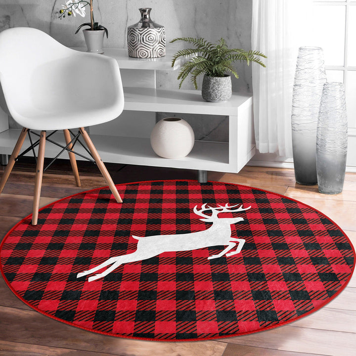 Xmas Round Rug|Winter Trend Carpet|Circle Non-Slip Rug|Pine Tree Carpet|Checkered Xmas Rug|Deer Home Decor|Merry Xmas Print Plaid Floor Mat