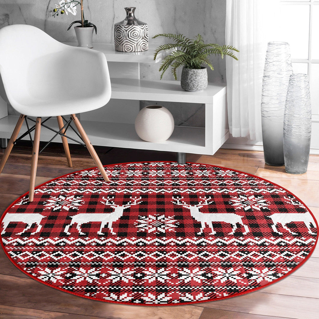 Xmas Round Rug|Winter Trend Carpet|Circle Non-Slip Rug|Pine Tree Carpet|Checkered Xmas Rug|Deer Home Decor|Merry Xmas Print Plaid Floor Mat