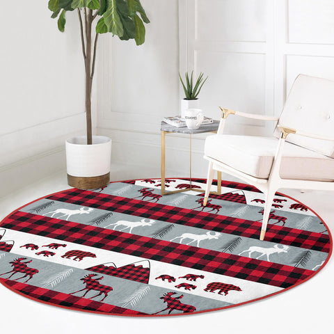 Winter Circle Rug|Checkered Xmas Rug|Plaid Round Carpet|Circle Non-Slip Rug|Reindeer, Bear Carpet|Snowflake Home Decor|Pine Tree Floor Mat