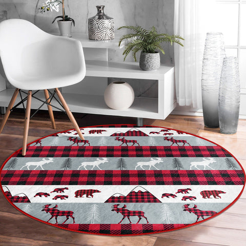 Winter Circle Rug|Checkered Xmas Rug|Plaid Round Carpet|Circle Non-Slip Rug|Reindeer, Bear Carpet|Snowflake Home Decor|Pine Tree Floor Mat