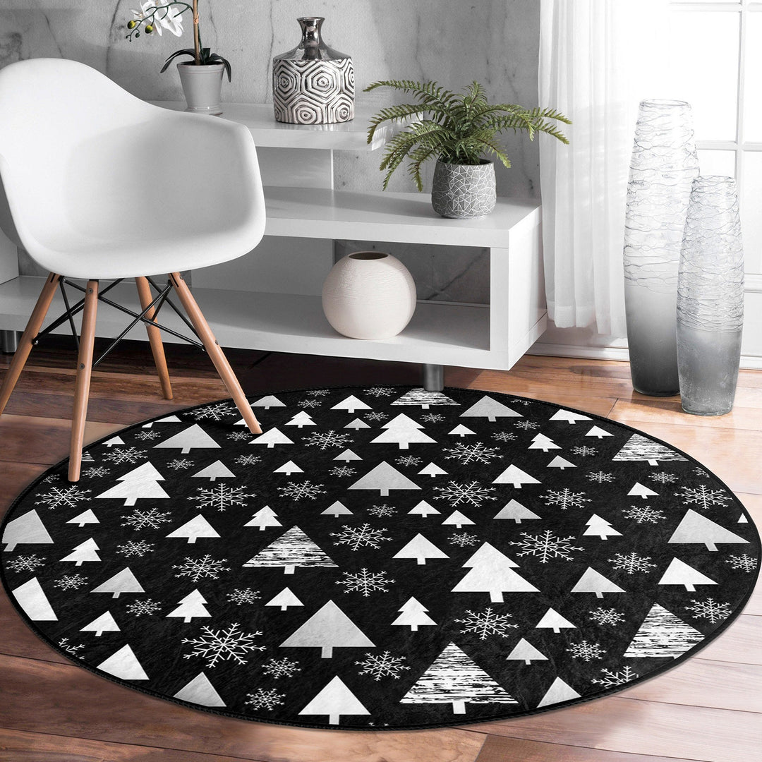 Winter Round Rug|Christmas Rug|Multi-Purpose Mat|Pine Tree Carpet|Xmas Non-Slip Rug|Xmas Circle Carpet|Geometric Decor|Farmhouse Area Mat