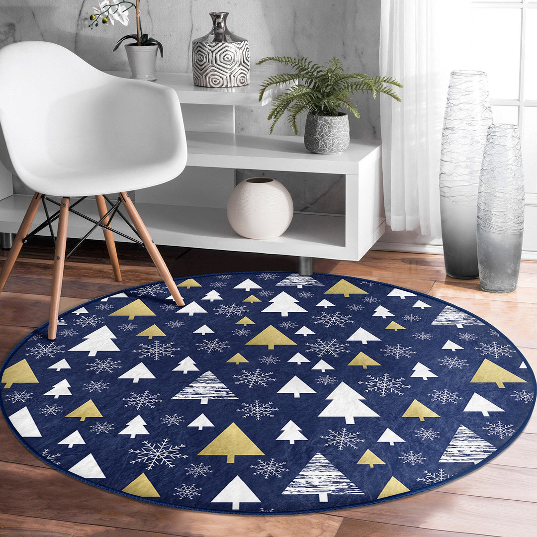Winter Round Rug|Christmas Rug|Multi-Purpose Mat|Pine Tree Carpet|Xmas Non-Slip Rug|Xmas Circle Carpet|Geometric Decor|Farmhouse Area Mat