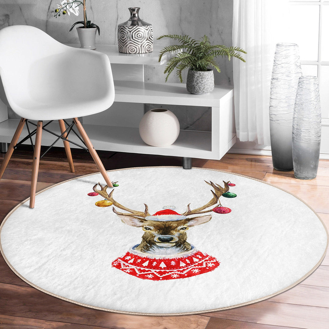 Christmas Round Rug|Winter Non-Slip Rug|Deer Circle Carpet|Snowflake Merry Xmas Rug|Happy New Year Decor|Buckhorn Carpet|Multi-Purpose Mat