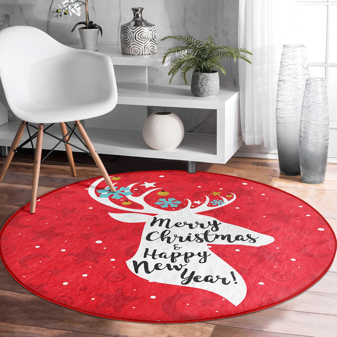 Christmas Round Rug|Winter Non-Slip Rug|Deer Circle Carpet|Snowflake Merry Xmas Rug|Happy New Year Decor|Buckhorn Carpet|Multi-Purpose Mat