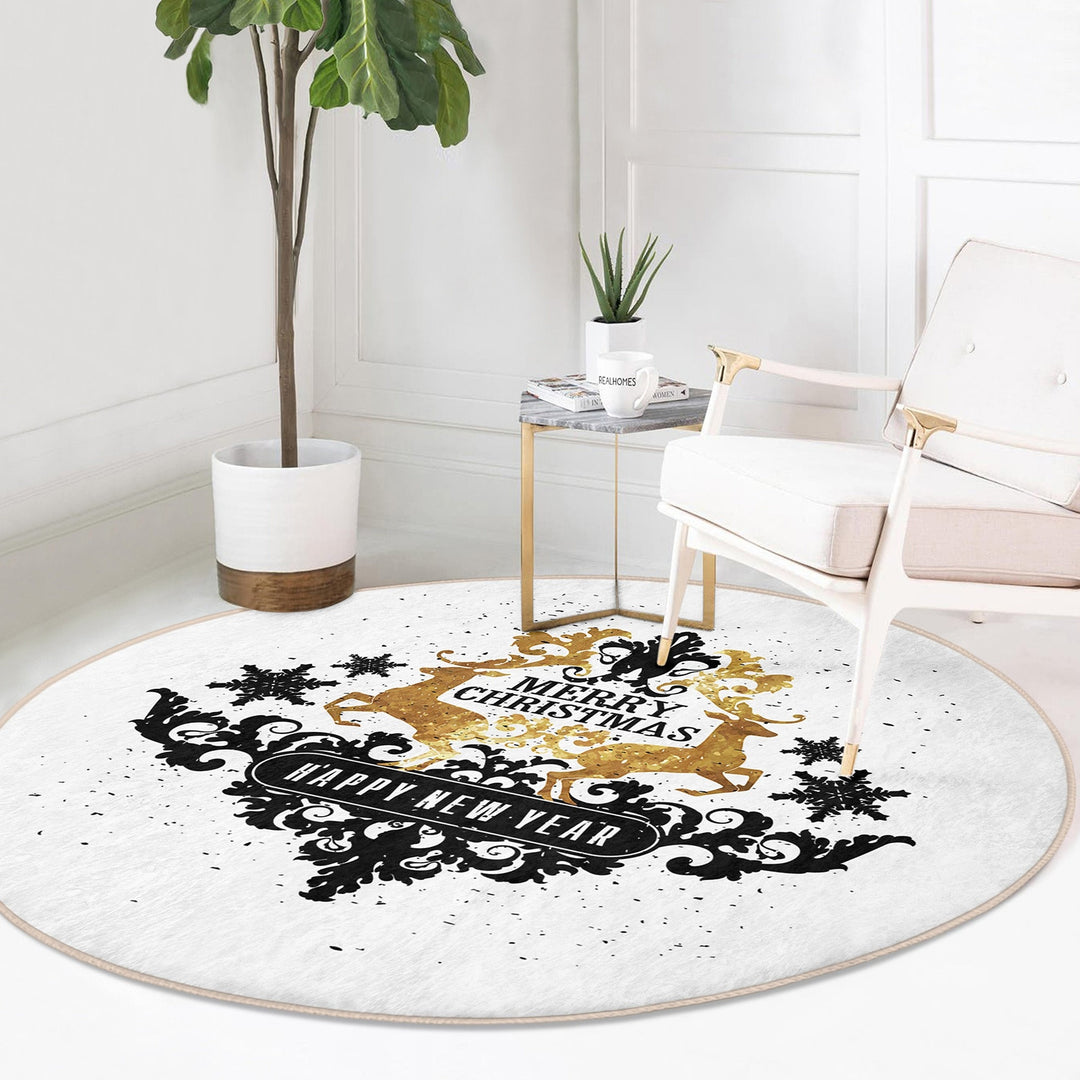Christmas Round Rug|Winter Non-Slip Rug|Happy New Year Circle Carpet|Decorative Merry Xmas Rug|Floral Xmas Decor|Multi-Purpose Area Mat