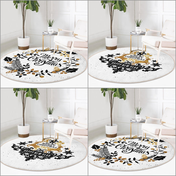 Christmas Round Rug|Winter Non-Slip Rug|Happy New Year Circle Carpet|Decorative Merry Xmas Rug|Floral Xmas Decor|Multi-Purpose Area Mat