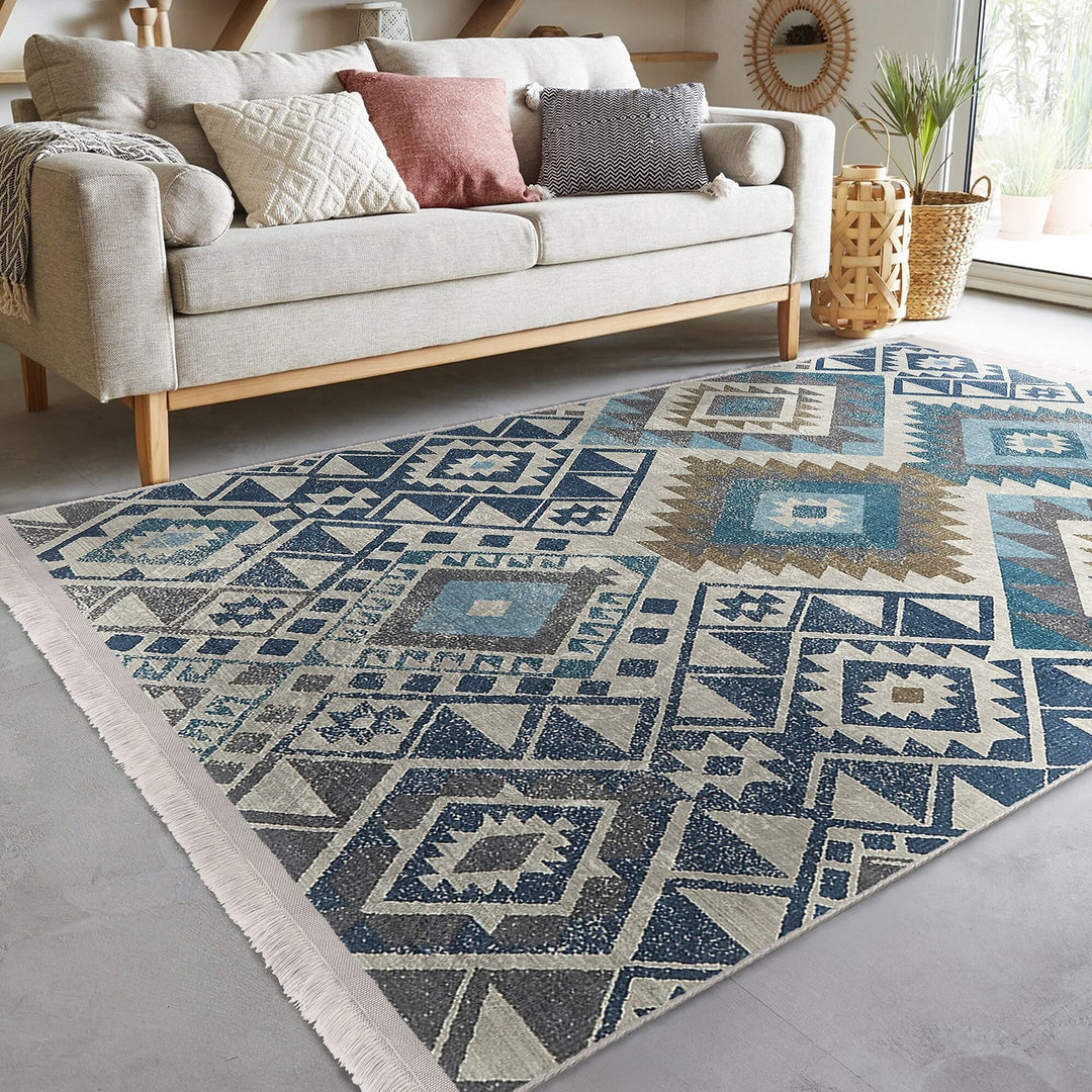 Rug Design Carpet|Aztec Print Fringed Anti-Slip Carpet|Southwestern Rug|Rustic Pattern Machine-Washable Non-Slip Rug|Ethnic Geometric Decor