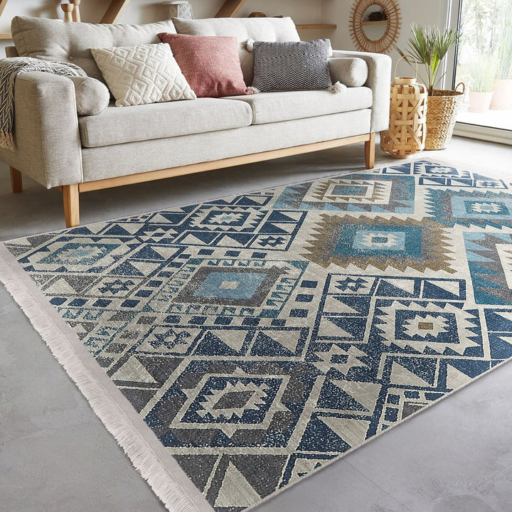Rug Design Carpet|Aztec Print Fringed Anti-Slip Carpet|Southwestern Rug|Rustic Pattern Machine-Washable Non-Slip Rug|Ethnic Geometric Decor