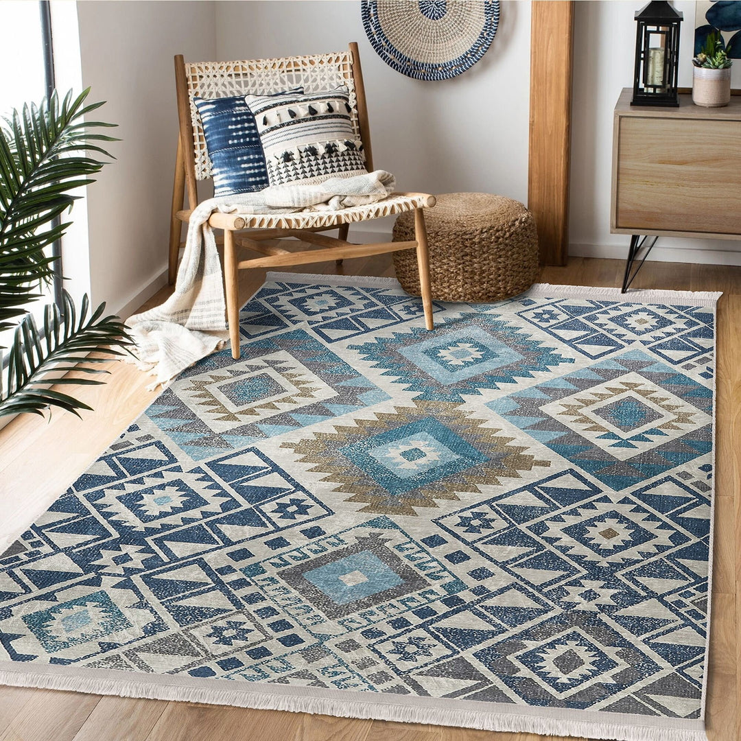 Rug Design Carpet|Aztec Print Fringed Anti-Slip Carpet|Southwestern Rug|Rustic Pattern Machine-Washable Non-Slip Rug|Ethnic Geometric Decor