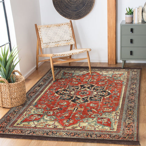Traditional Area Rug|Rustic Design Farmhouse Carpet|Machine-Washable Fringed Non-Slip Rug|Ethnic Multi-Purpose Anti-Slip Geometric Carpet