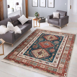 Anatolian Style Rug|Ethnic Design Farmhouse Carpet|Machine-Washable Fringed Non-Slip Rug|Kilim Motif Multi-Purpose Anti-Slip Geometric Decor
