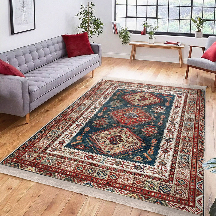Anatolian Style Rug|Ethnic Design Farmhouse Carpet|Machine-Washable Fringed Non-Slip Rug|Kilim Motif Multi-Purpose Anti-Slip Geometric Decor