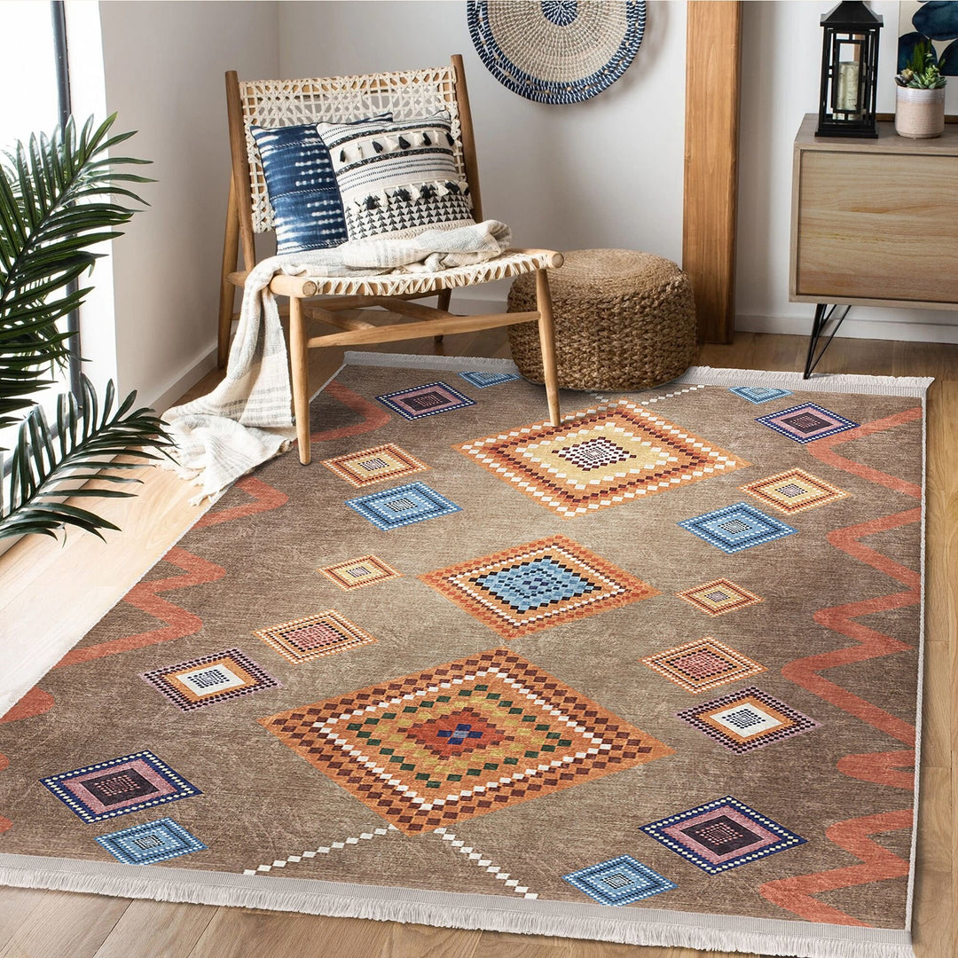 Rug Design Carpet|Traditional Multi-Purpose Anti-Slip Geometric Rug|Ethnic Diamond Farmhouse Carpet|Machine-Washable Fringed Non-Slip Rug