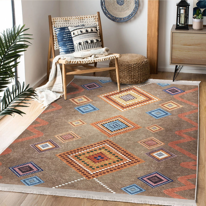 Rug Design Carpet|Traditional Multi-Purpose Anti-Slip Geometric Rug|Ethnic Diamond Farmhouse Carpet|Machine-Washable Fringed Non-Slip Rug