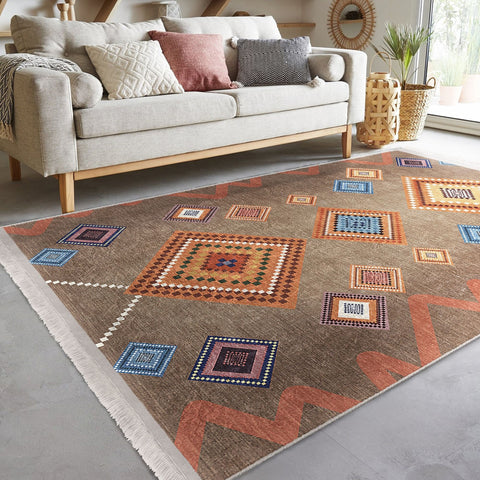 Rug Design Carpet|Traditional Multi-Purpose Anti-Slip Geometric Rug|Ethnic Diamond Farmhouse Carpet|Machine-Washable Fringed Non-Slip Rug