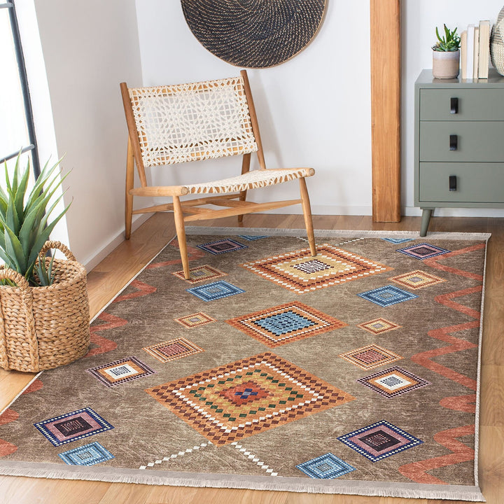 Rug Design Carpet|Traditional Multi-Purpose Anti-Slip Geometric Rug|Ethnic Diamond Farmhouse Carpet|Machine-Washable Fringed Non-Slip Rug