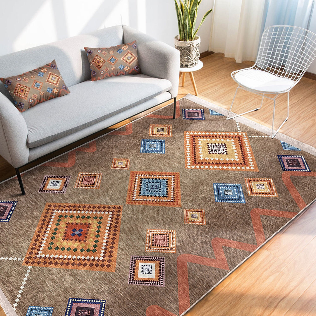Rug Design Carpet|Traditional Multi-Purpose Anti-Slip Geometric Rug|Ethnic Diamond Farmhouse Carpet|Machine-Washable Fringed Non-Slip Rug