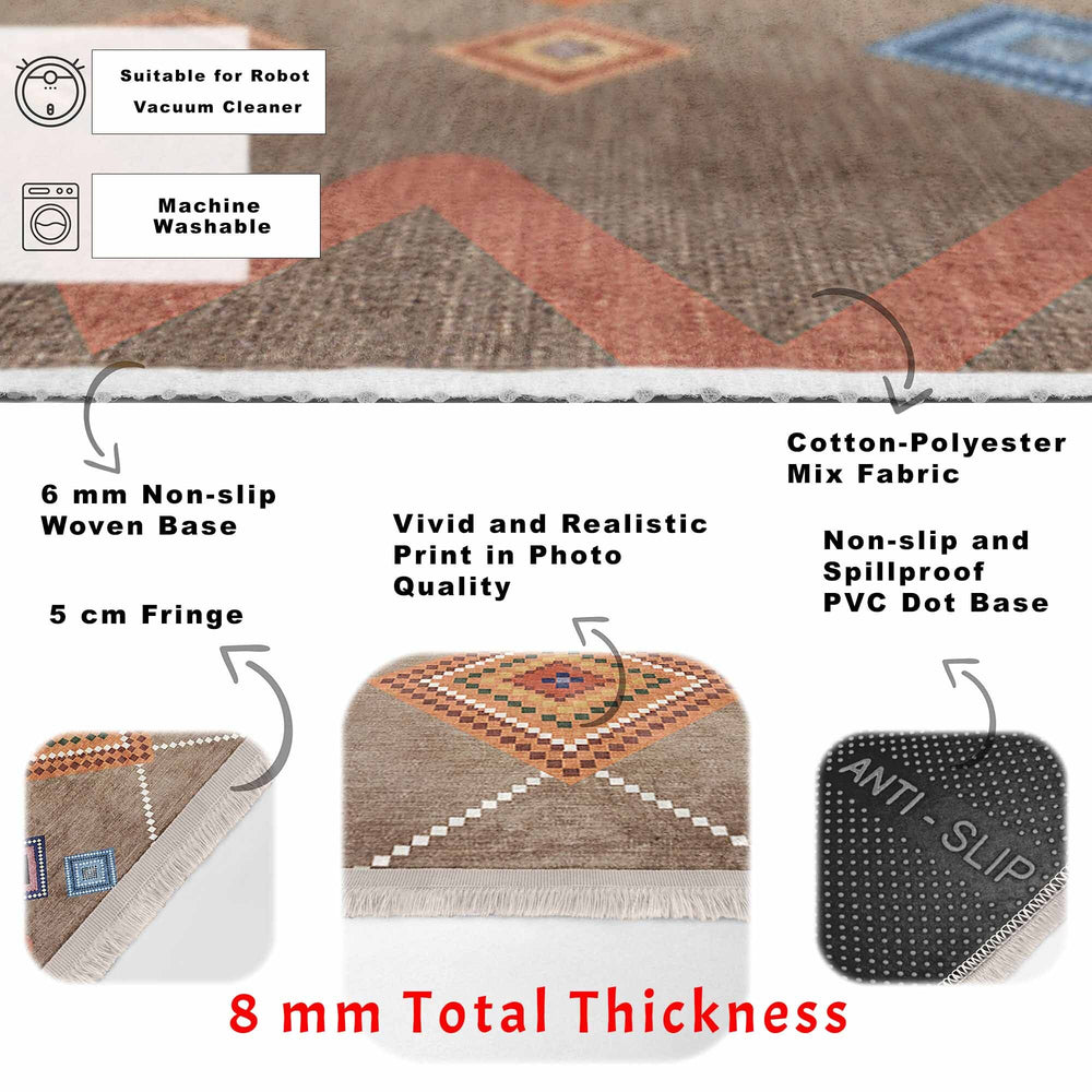 Rug Design Carpet|Traditional Multi-Purpose Anti-Slip Geometric Rug|Ethnic Diamond Farmhouse Carpet|Machine-Washable Fringed Non-Slip Rug