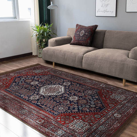 Oushak Pattern Rug|Rustic Design Farmhouse Carpet|Machine-Washable Fringed Non-Slip Rug|Ethnic Multi-Purpose Anti-Slip Geometric Carpet