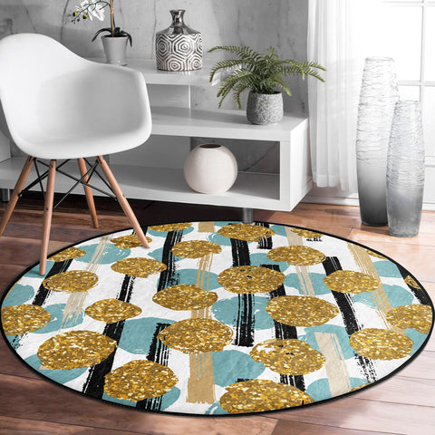 Abstract Round Rug|Non-Slip Round Carpet|Geometric Circle Rug|Abstract Area Rug|Gold Detailed Farmhouse Decor|Decorative Multi-Purpose Mat