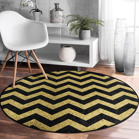 Geometric Round Rug|Non-Slip Round Carpet|Geometric Circle Rug|Abstract Area Rug|Zigzag Home Decor|Decorative Gold Black Multi-Purpose Mat