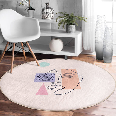 Onedraw Round Rug|Non-Slip Round Carpet|Onedraw Circle Rug|Abstract Area Rug|Abstract Floral Woman Face Decor|Decorative Multi-Purpose Mat