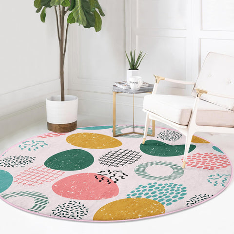 Abstract Round Rug|Non-Slip Round Carpet|Abstract Shapes Rug|Boho Area Rug|Colorful Home Decor|Decorative Modern Style Multi-Purpose Carpet