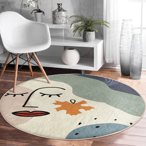 Abstract Round Rug|Non-Slip Round Carpet|Floral Circle Carpet|Abstract Area Rug|Onedraw Woman Face Home Decor|Decorative Multi-Purpose Mat