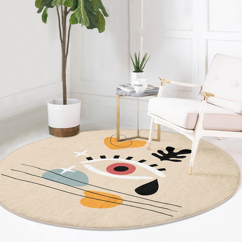 Abstract Round Rug|Non-Slip Round Carpet|One Eye Circle Rug|Hand Print Area Rug|Floral Home Decor|Decorative Farmhouse Multi-Purpose Mat