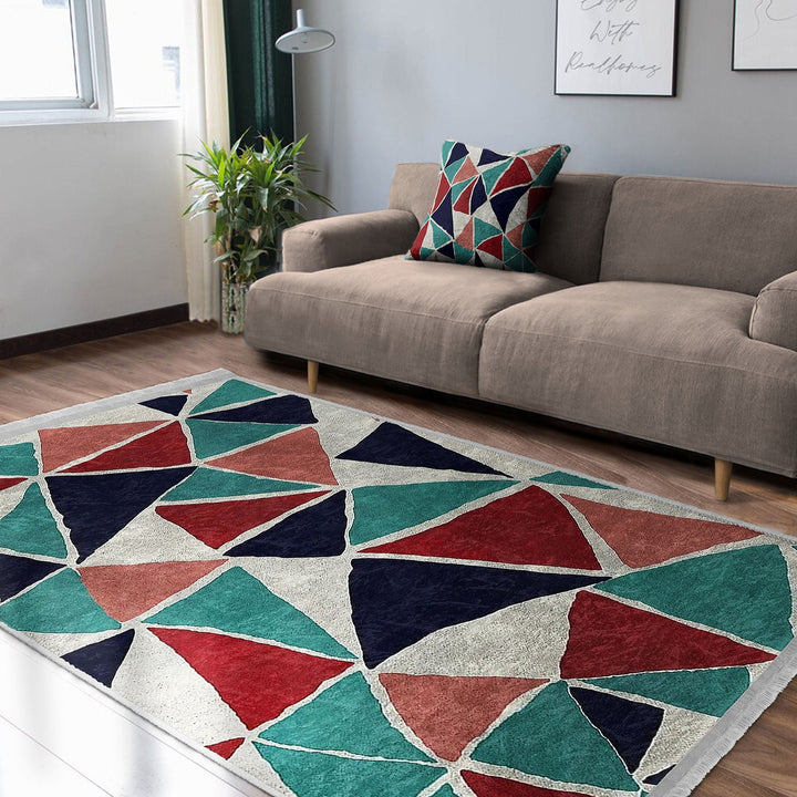 Abstract Area Rug|Triangle Motif Rug|Machine-Washable Fringed Non-Slip Rug|Triangles Multi-Purpose Anti-Slip Carpet|Triangular Area Rug