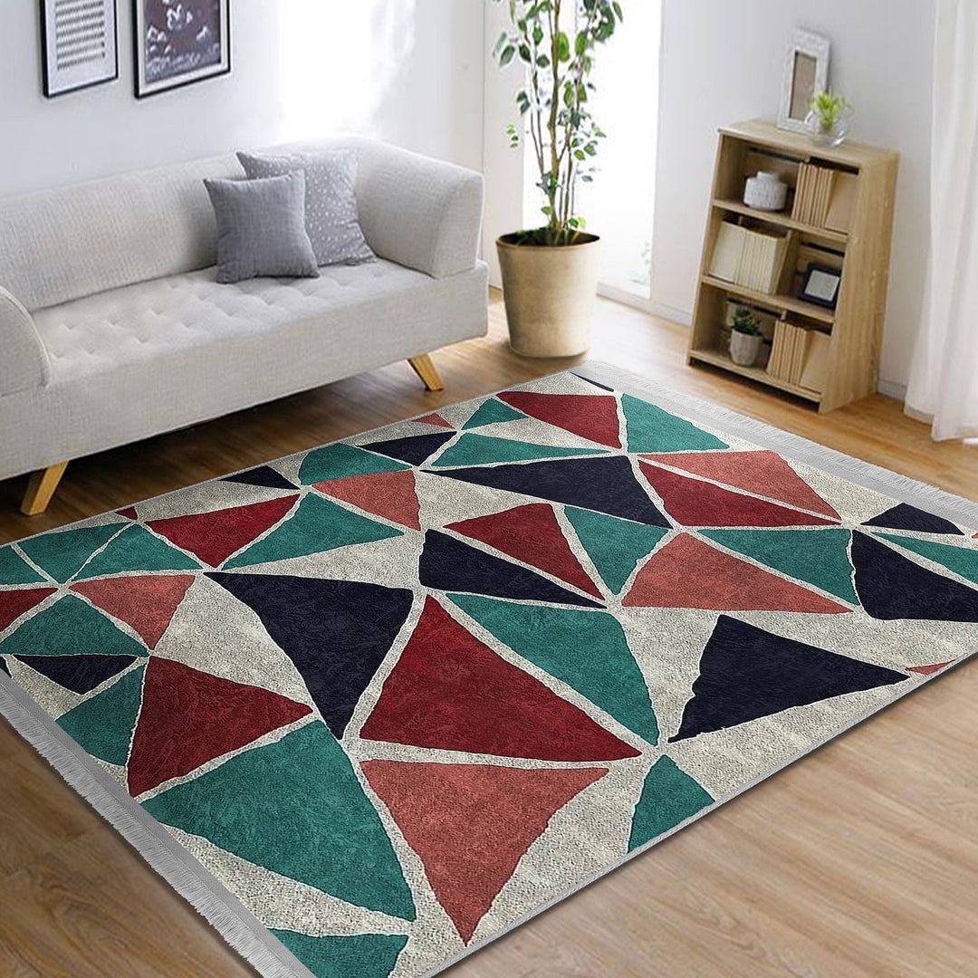Abstract Area Rug|Triangle Motif Rug|Machine-Washable Fringed Non-Slip Rug|Triangles Multi-Purpose Anti-Slip Carpet|Triangular Area Rug
