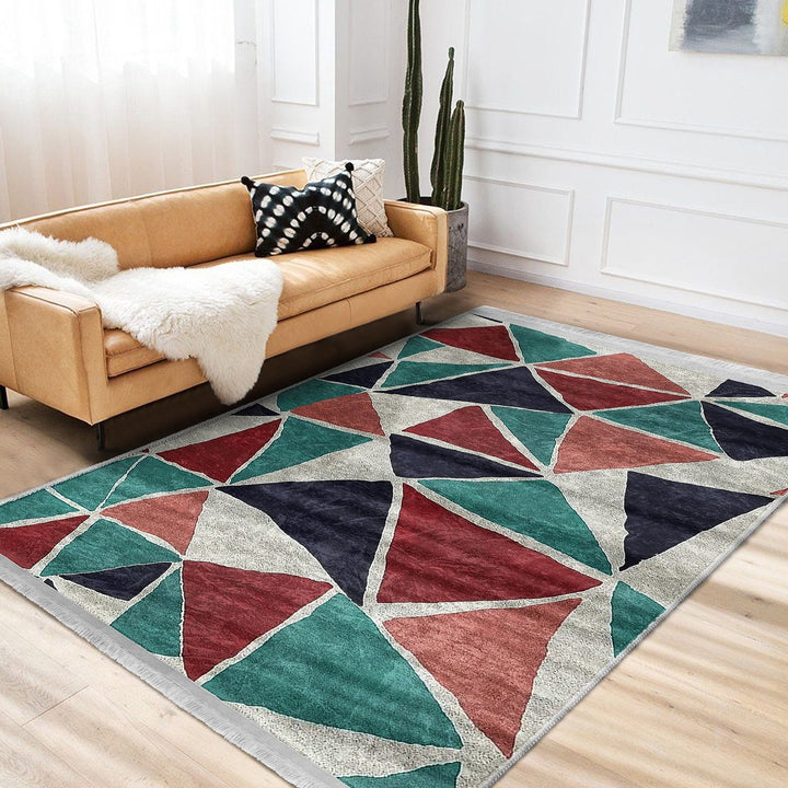 Abstract Area Rug|Triangle Motif Rug|Machine-Washable Fringed Non-Slip Rug|Triangles Multi-Purpose Anti-Slip Carpet|Triangular Area Rug