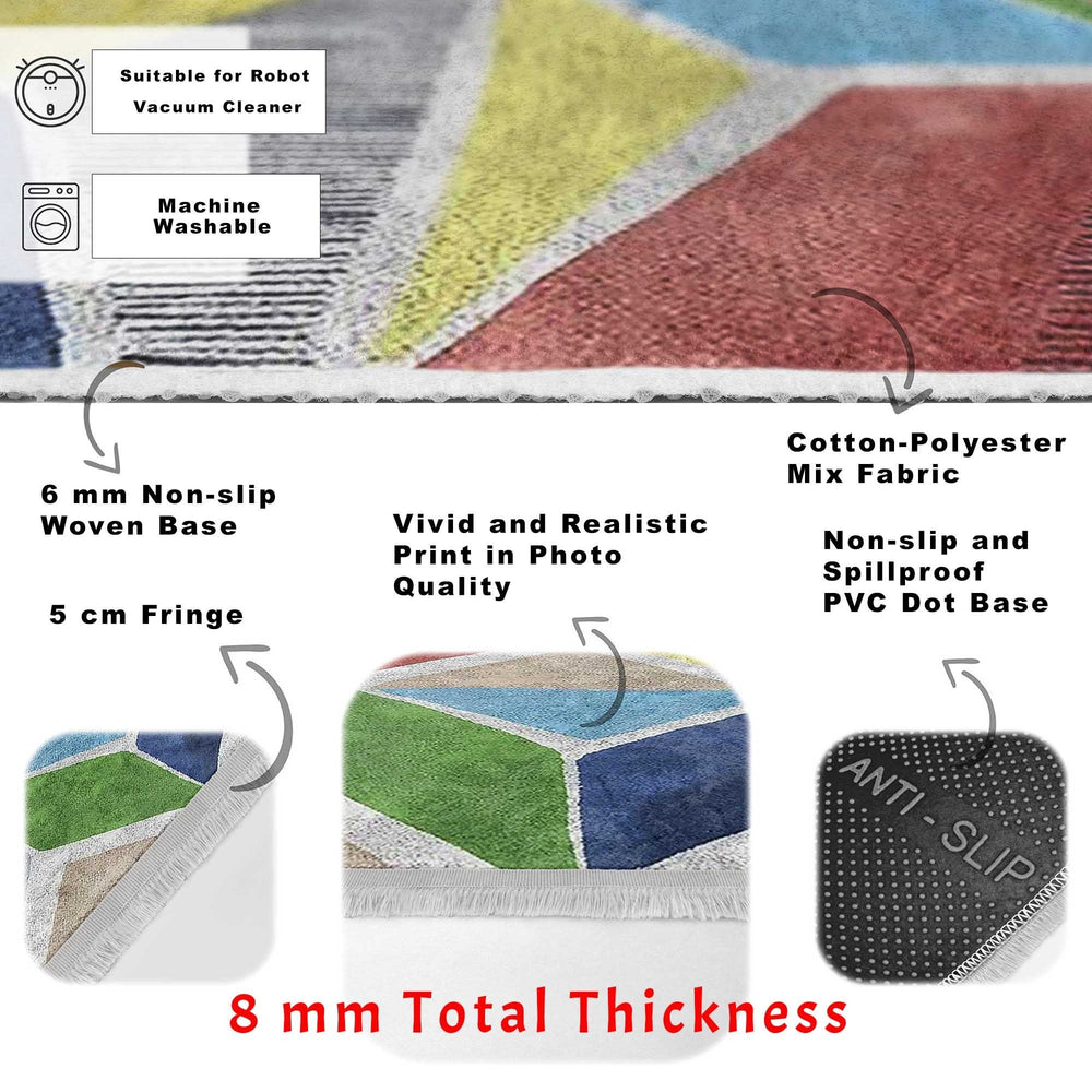 Geometric Area Rug|Colorful Carpet|Machine-Washable Fringed Non-Slip Rug|Boho Style Multi-Purpose Anti-Slip Carpet|Abstract Living Room Rug