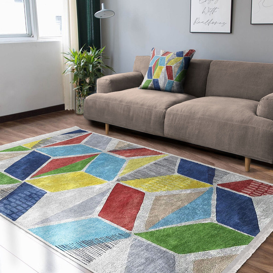 Geometric Area Rug|Colorful Carpet|Machine-Washable Fringed Non-Slip Rug|Boho Style Multi-Purpose Anti-Slip Carpet|Abstract Living Room Rug