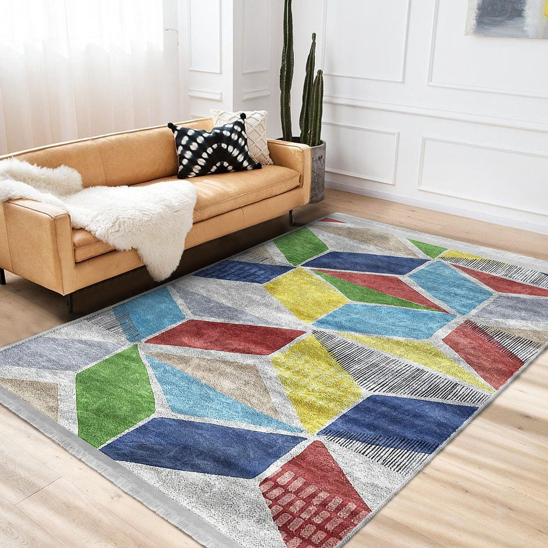 Geometric Area Rug|Colorful Carpet|Machine-Washable Fringed Non-Slip Rug|Boho Style Multi-Purpose Anti-Slip Carpet|Abstract Living Room Rug