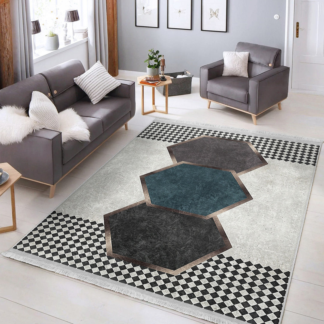 Geometric Area Rug|Hexagon Carpet|Machine-Washable Fringed Non-Slip Rug|Crowbar Pattern Multi-Purpose Anti-Slip Rug|Abstract Living Room Rug