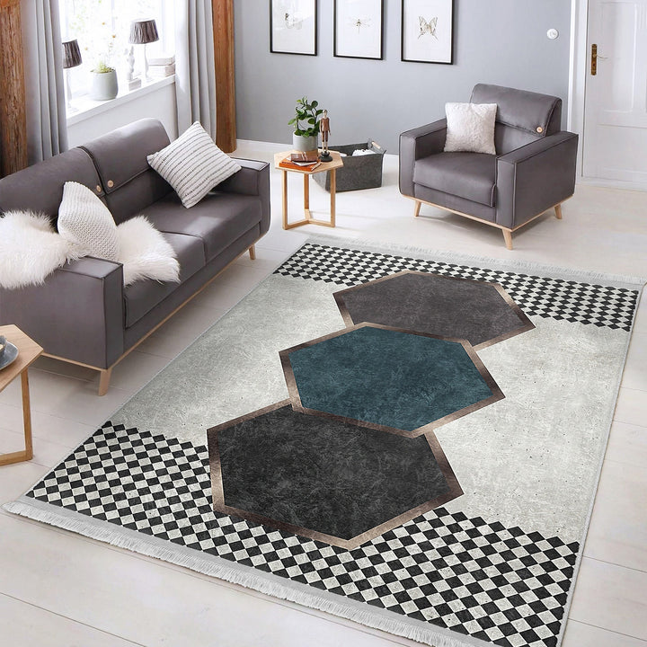 Geometric Area Rug|Hexagon Carpet|Machine-Washable Fringed Non-Slip Rug|Crowbar Pattern Multi-Purpose Anti-Slip Rug|Abstract Living Room Rug