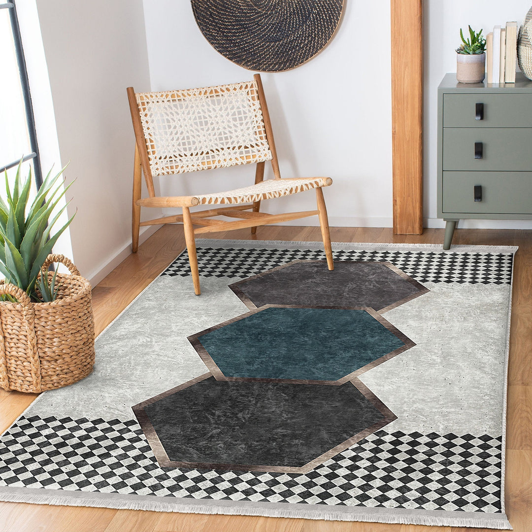 Geometric Area Rug|Hexagon Carpet|Machine-Washable Fringed Non-Slip Rug|Crowbar Pattern Multi-Purpose Anti-Slip Rug|Abstract Living Room Rug