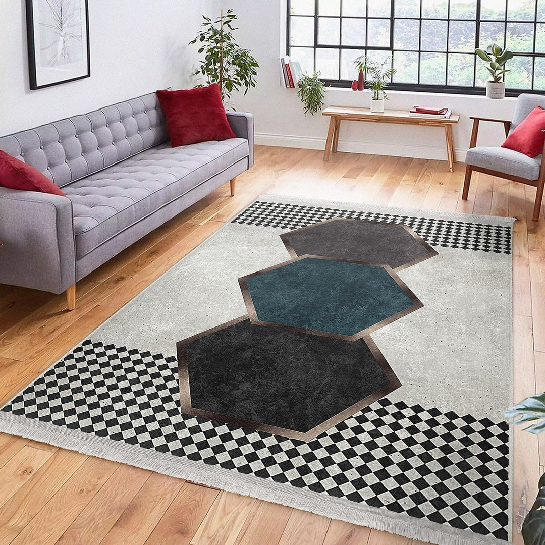 Geometric Area Rug|Hexagon Carpet|Machine-Washable Fringed Non-Slip Rug|Crowbar Pattern Multi-Purpose Anti-Slip Rug|Abstract Living Room Rug
