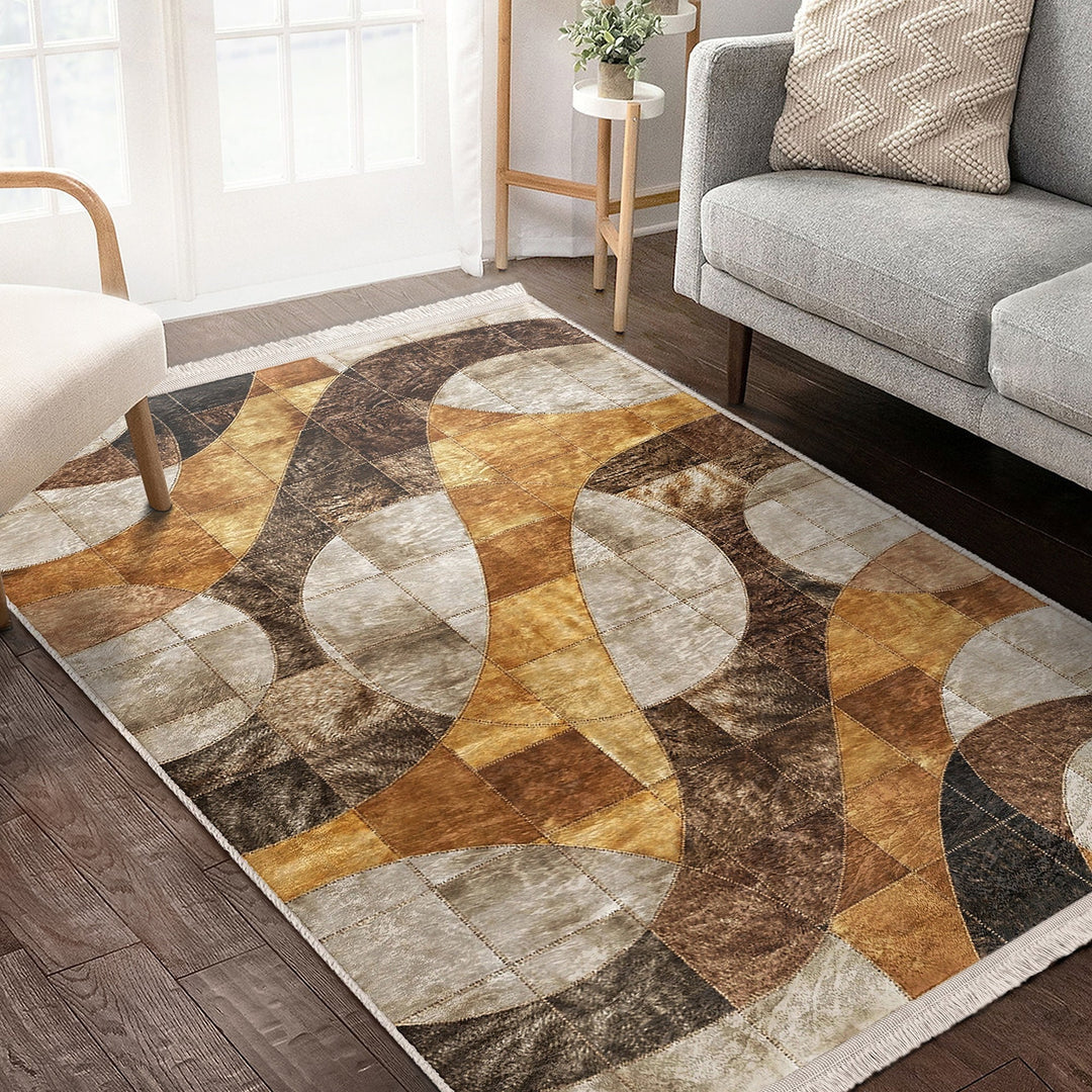 Abstract Area Rug|Brown Beige Carpet|Machine-Washable Fringed Non-Slip Rug|Stylish Multi-Purpose Anti-Slip Carpet|Bohemian Living Room Rug