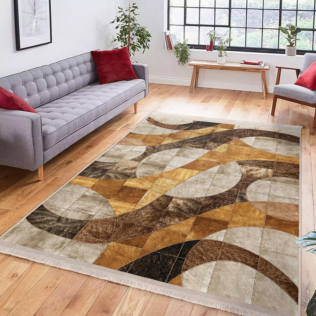 Abstract Area Rug|Brown Beige Carpet|Machine-Washable Fringed Non-Slip Rug|Stylish Multi-Purpose Anti-Slip Carpet|Bohemian Living Room Rug