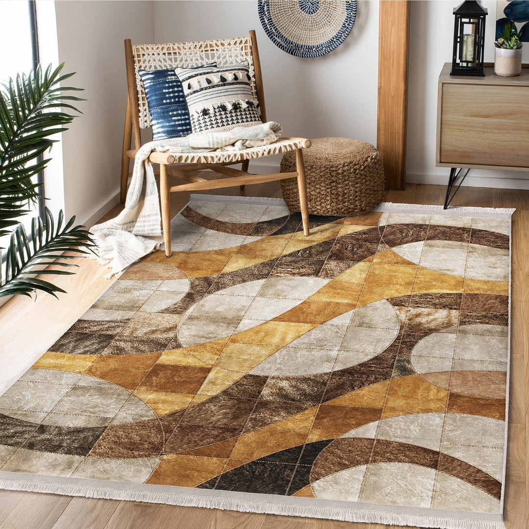 Abstract Area Rug|Brown Beige Carpet|Machine-Washable Fringed Non-Slip Rug|Stylish Multi-Purpose Anti-Slip Carpet|Bohemian Living Room Rug
