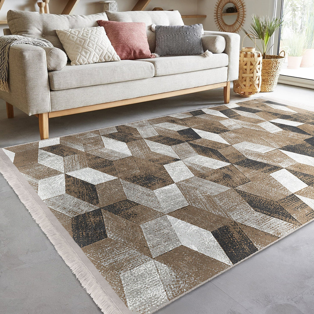 Abstract Area Rug|Boho Style Carpet|Machine-Washable Fringed Non-Slip Rug|Farmhouse Multi-Purpose Anti-Slip Carpet|Stylish Living Room Rug