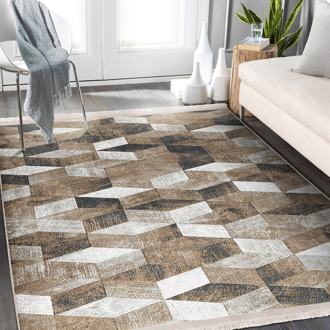 Abstract Area Rug|Boho Style Carpet|Machine-Washable Fringed Non-Slip Rug|Farmhouse Multi-Purpose Anti-Slip Carpet|Stylish Living Room Rug