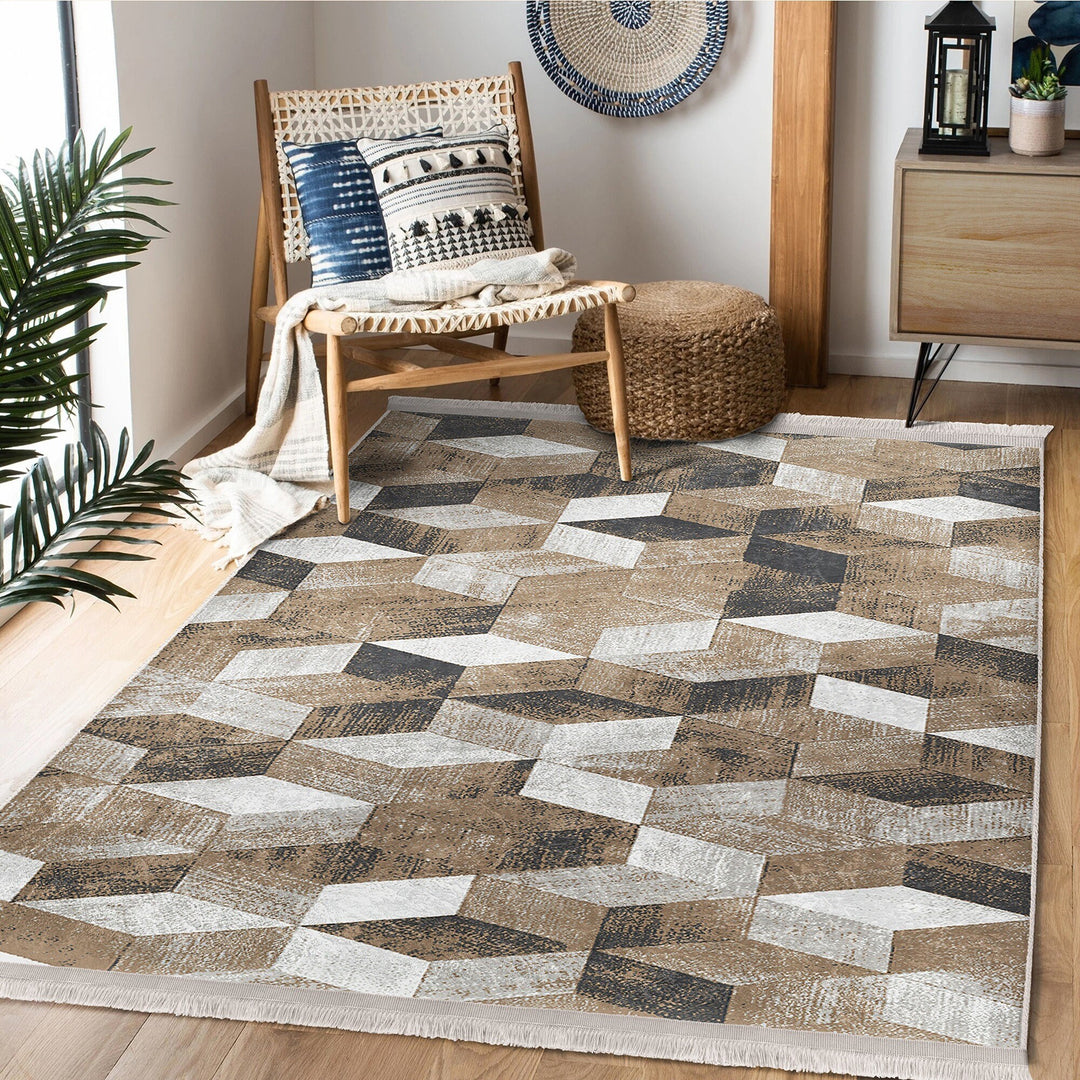 Abstract Area Rug|Boho Style Carpet|Machine-Washable Fringed Non-Slip Rug|Farmhouse Multi-Purpose Anti-Slip Carpet|Stylish Living Room Rug